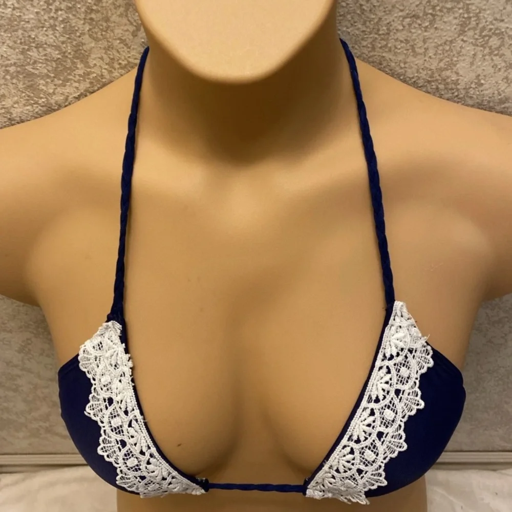 Elegant Navy Bikini with White Lace Trim